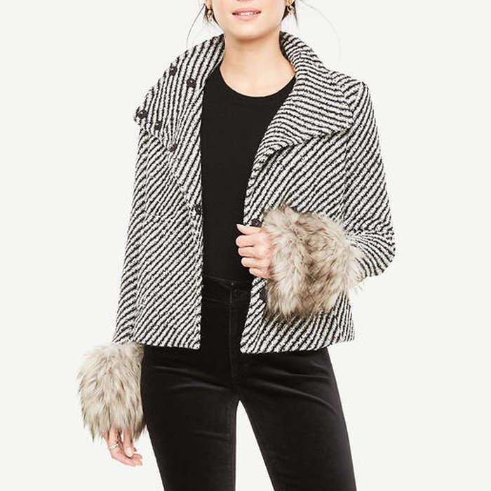 Ann Taylor Funnel Neck Coat With Faux Fur Cuffs