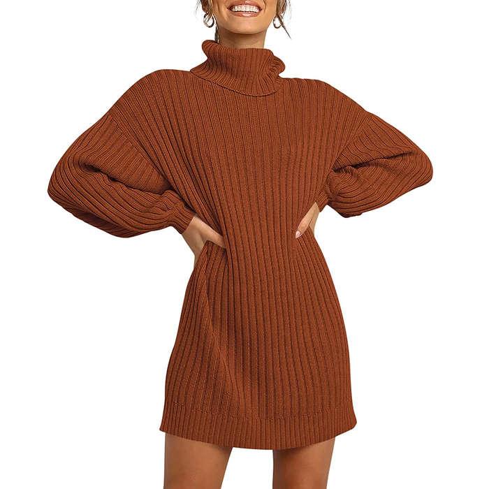 Anrabess Turtleneck Long Sleeve Oversized Sweater Dress
