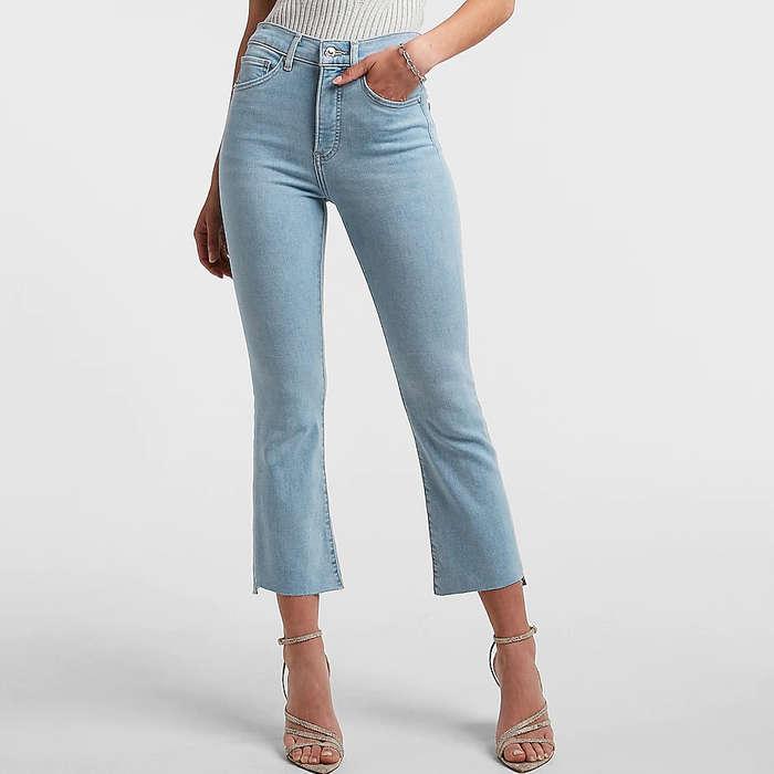 Express High Waisted Light Wash Raw Hem Cropped Supersoft Flare Jeans