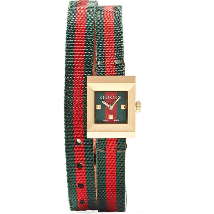 Gucci Striped Canvas, Leather and Gold-tone Watch