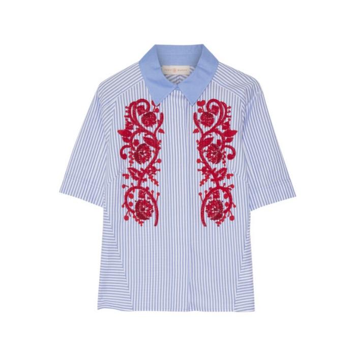 Tory Burch Emily embroidered striped cotton Oxford shirt