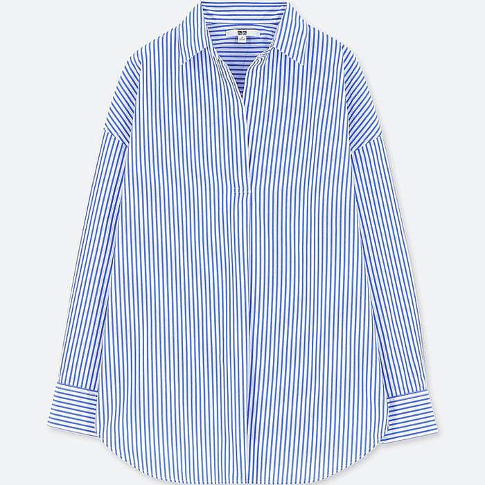 Uniqlo Extra Long Fine Cotton Striped Long Sleeve Shirt