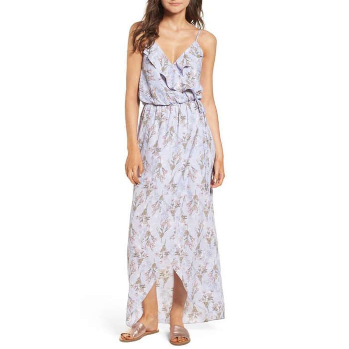 everly ruffle wrap maxi dress, $59