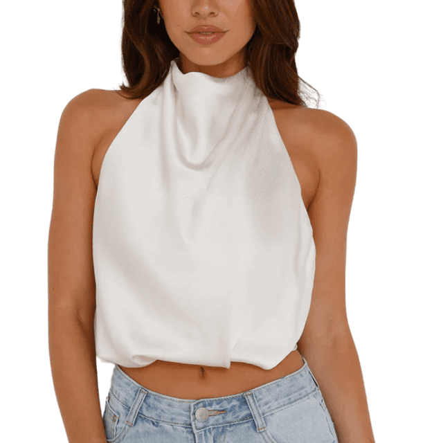 Hello Molly Pippin Satin Halter Crop Top Champagne