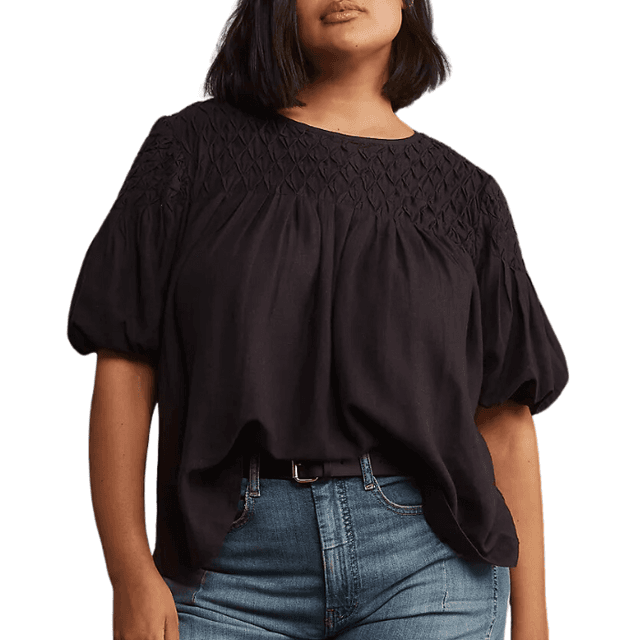 By Anthropologie Puff-Sleeve Smocked Linen Top