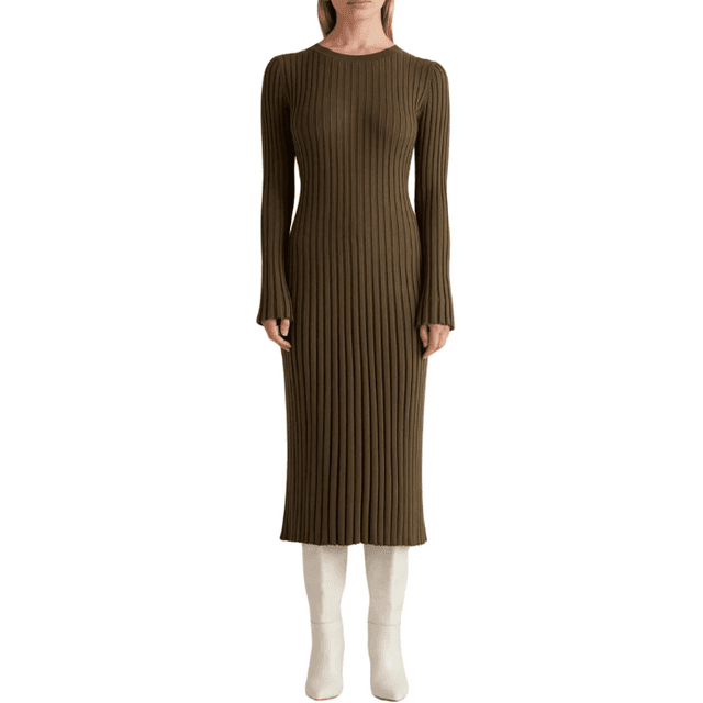 Quince Cotton Cashmere Ribbed Long Sleeve Crew Midi Dress