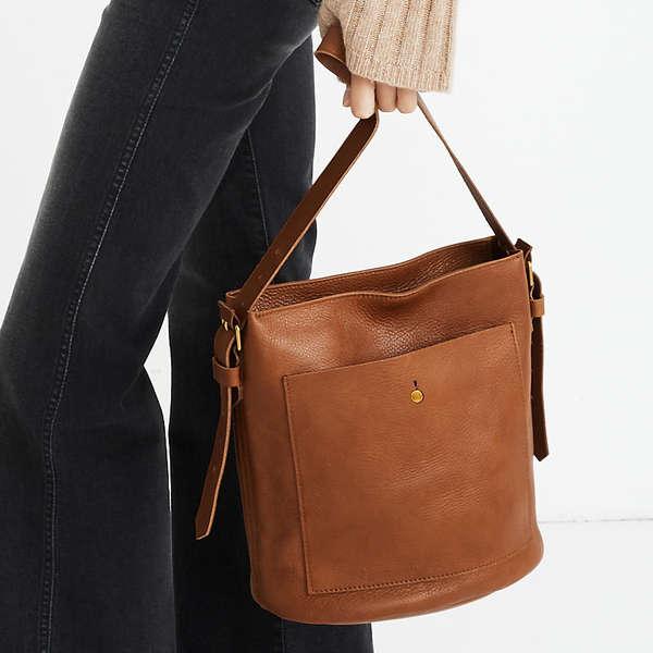 Madewell Women’s Brown Leather Drawstring Bucket Bag Handbag Tote