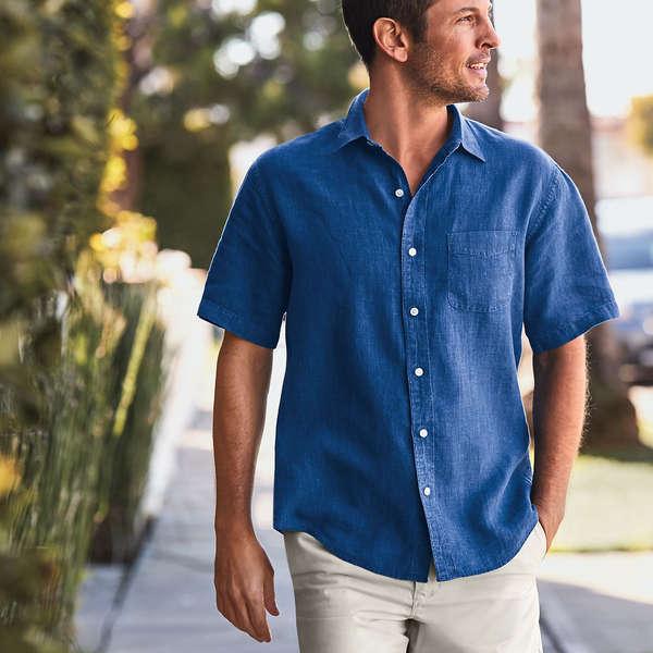 Men's Short-Sleeve Summer Linen-Blend Button-Up Shirt, Men's Tops