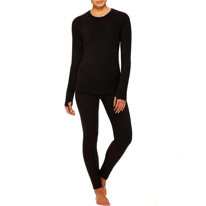 Warm Essentials by Cuddl Duds Women's Textured Fleece Thermal Leggings -  Black M