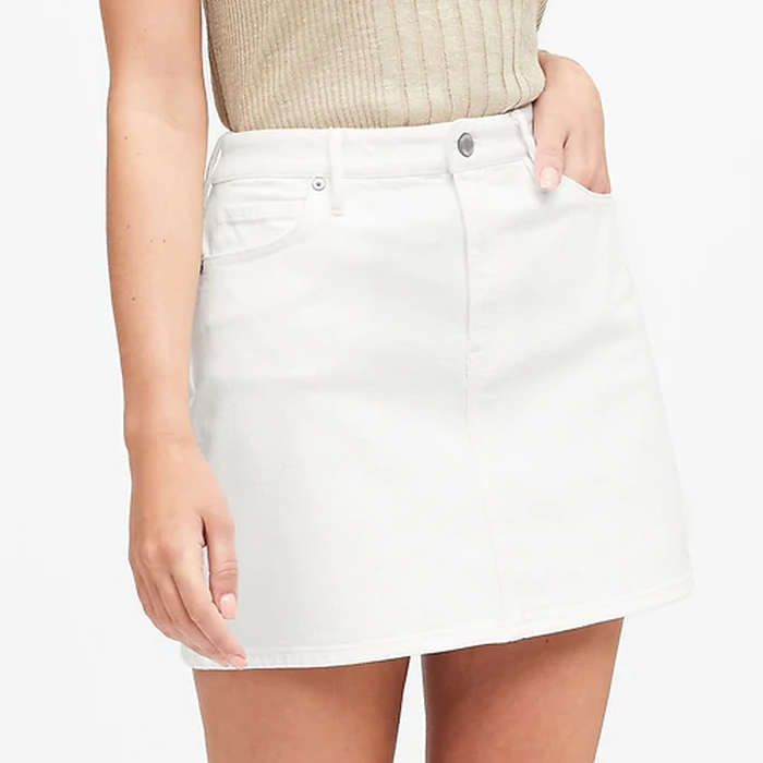 denim skirt and white top