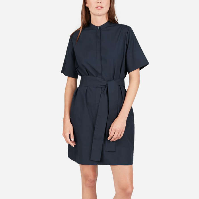 the cotton collarless belted shirtdress