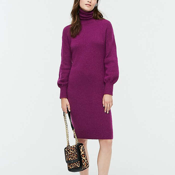 purple turtleneck sweater dress