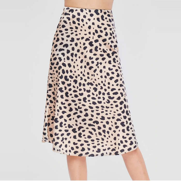 satin flared leopard midi skirt